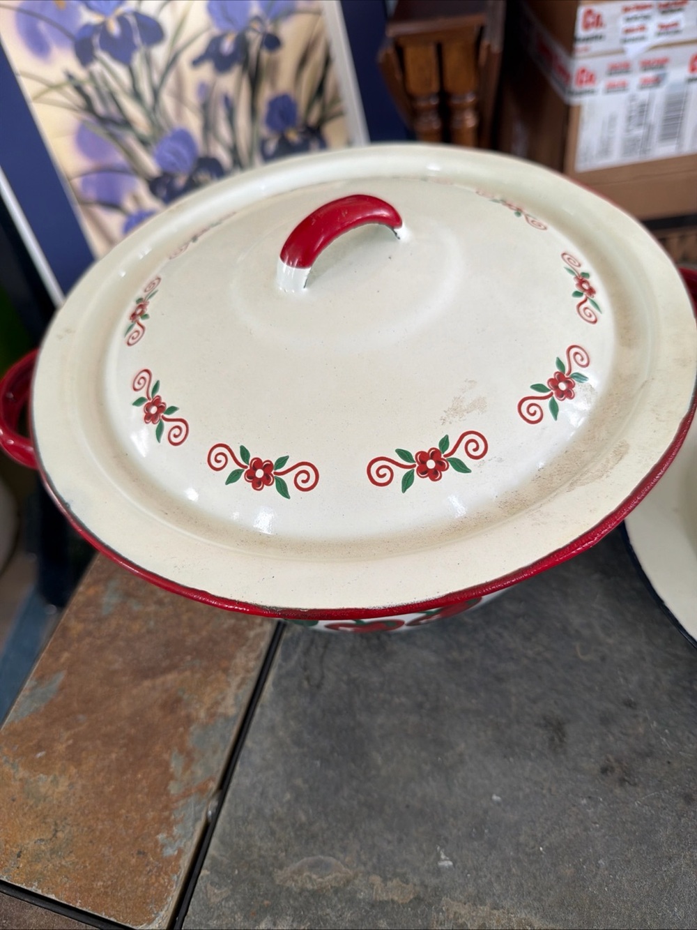 Vintage Cherry Enamel Casserole Dish with Lid - plus double boiler, plate & cup - Picture 2 of 12